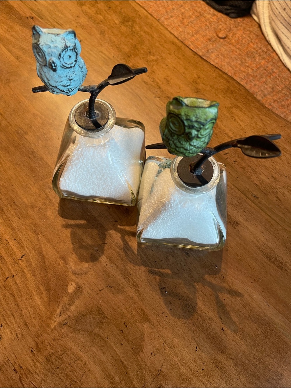 Source Unknown Blue and Green Owl Bud Vases